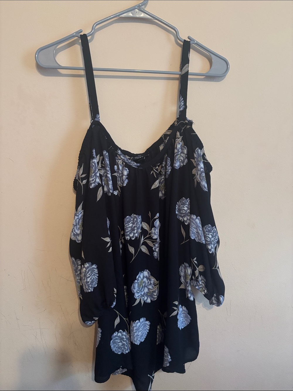 torrid Black Floral Cold-Shoulder Camisole with Blue-Gray Blooms